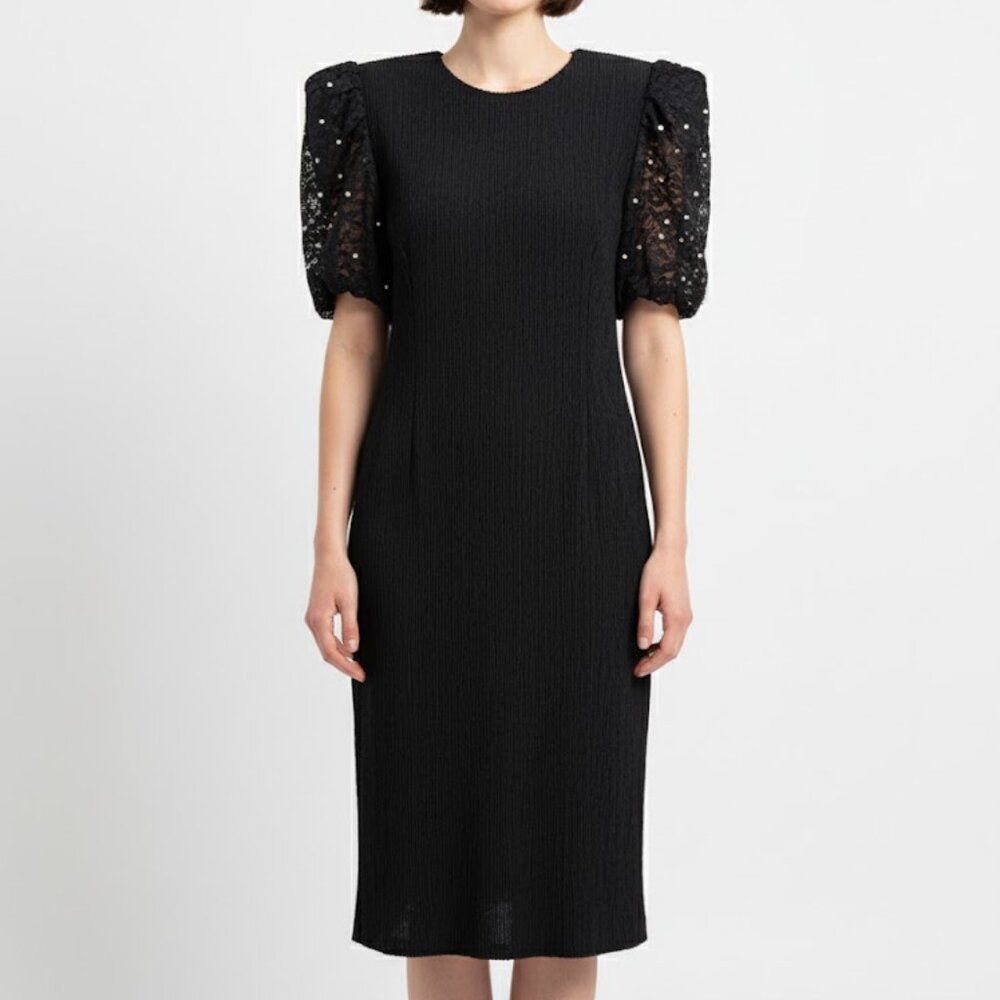 Vintage Lace Pearl Puff Sleeve Leslie Fay Dress Crepe Crinkle 80’s Holiday Party